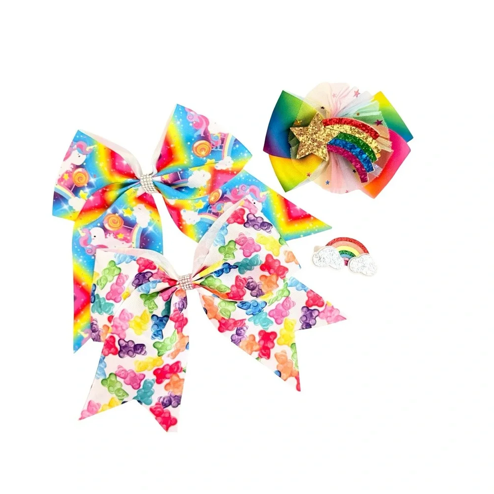 Klass Accessories 4pc Hair Bow Set Rainbow Unicorn Gummy Bear Glitter Star Clips